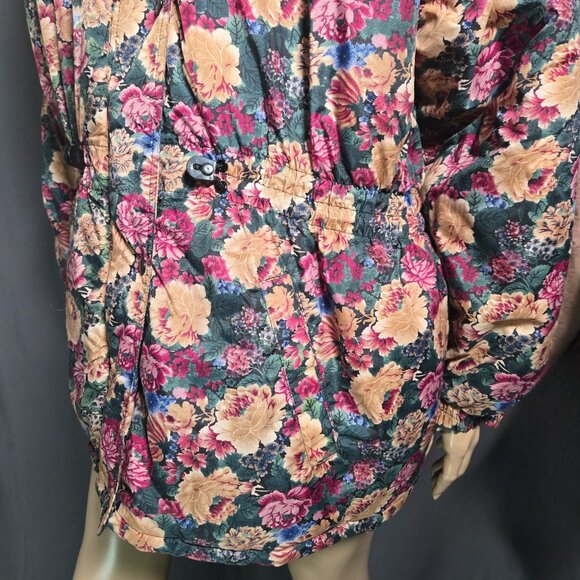 Vintage 80s Floral Puffer Ski Jacket Coat Black Faux Fur Trim Oversized size L - Picture 8 of 16